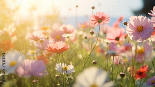 Flower field in sunlight, spring or summer garden background