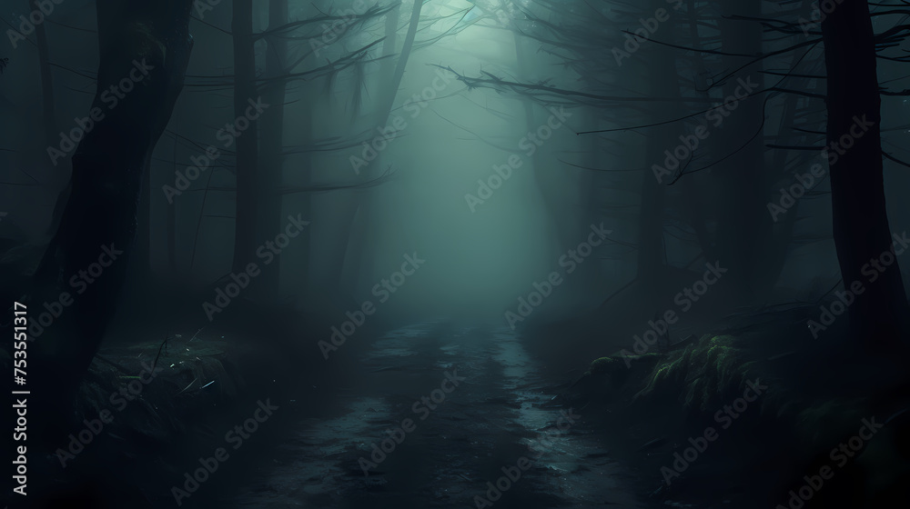 Foggy dark forest path scary melancholy background