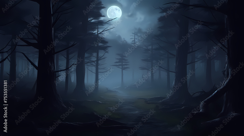 Foggy dark forest path scary melancholy background Foggy dark forest path scary melancholy background
