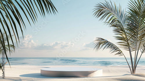 Podium for product display with a beach background during daytime. Ai generate.