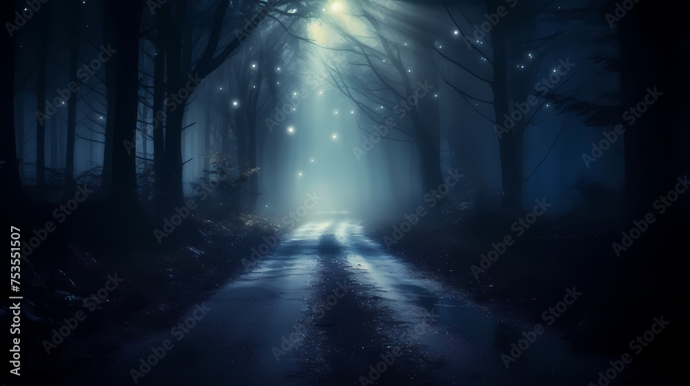 Naklejka premium Foggy dark forest path scary melancholy background