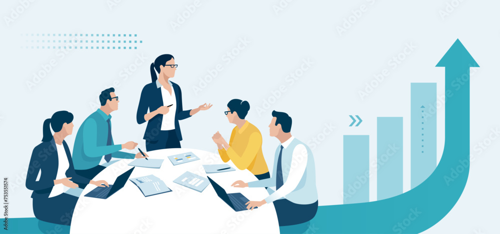Presentation, vision, strategy . The female leader. Discussing business plan. Vector illustration
Presentation, vision, strategy . The female leader. Discussing business plan. Vector illustration