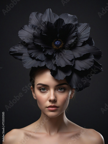 pretty woman wearing a black hat with dark flower
