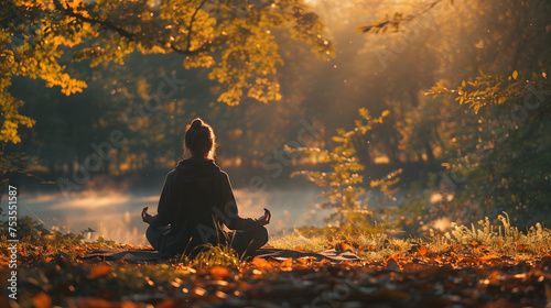 A morning meditation session, with tranquil forest scenery as the background, during a peaceful moment of reflection