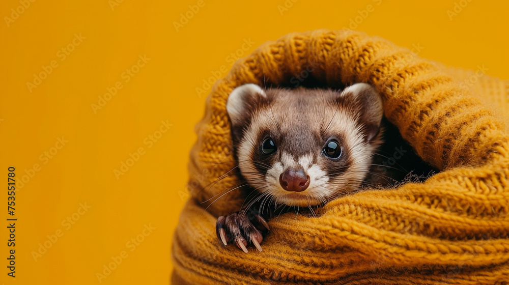 A playful ferret peeking out from a cozy hideout on a warm mustard yellow backdrop.