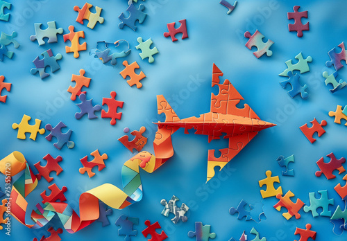 Autism Awareness: Paper Airplane and Ribbon Illustration on Blue Background
