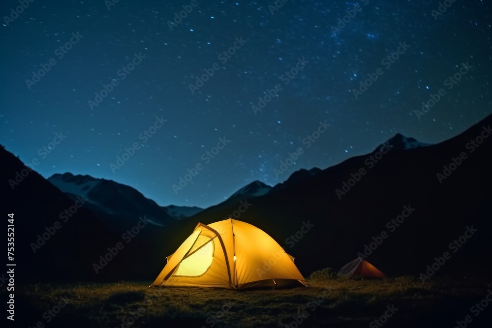 Light up tent in mountains glows at night, sleeping under the stars, nighttime camping scenes, world sleep day outdoor adventures