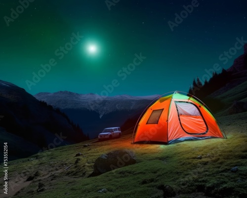 A camper with a tent atop a mountain under the moon, sleeping under the stars, nighttime camping scenes, world sleep day outdoor adventures