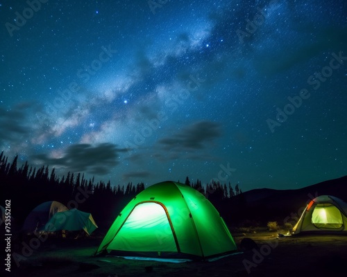 Green and blue tents set up under a starry sky and milky way, sleeping under the stars, nighttime camping scenes, world sleep day outdoor adventures © Stocks Buddy