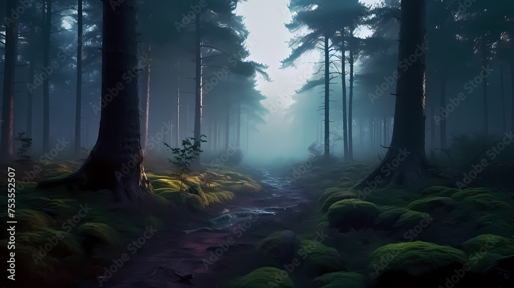 Obraz premium Foggy dark forest path scary melancholy background