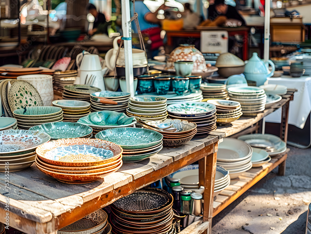 Stand de vaisselle de seconde main sur une brocante, ou un vide-greniers Stand de vaisselle de seconde main sur une brocante, ou un vide-greniers