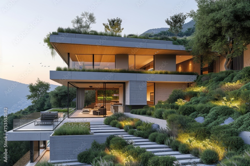 A modern minimalist house nestled into the hillside