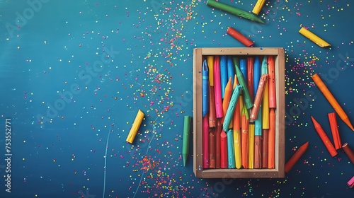Colorful wax and sparkling crayons in wooden box on blue table 