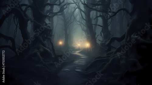 Foggy dark forest path scary melancholy background