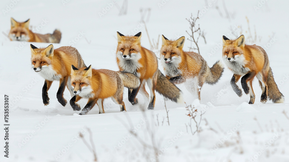 A playful group of red foxes frolicking in a snowy landscape, their russet fur contrasting beautifully with a solid white backdrop. A playful group of red foxes frolicking in a snowy landscape, their russet fur contrasting beautifully with a solid white backdrop.