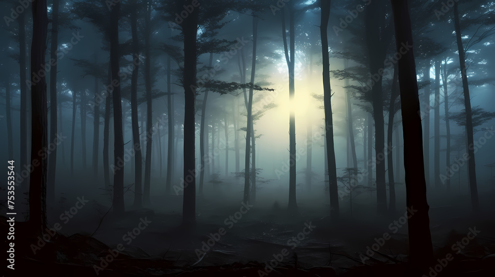 Naklejka premium Foggy dark forest path scary melancholy background