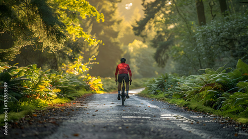 A cyclist on a country road, with lush greenery as the background, during an energizing morning bike ride