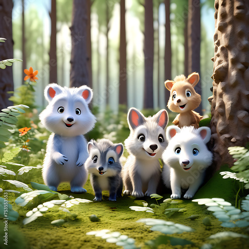 A group of animated characters exploring a lush forest.