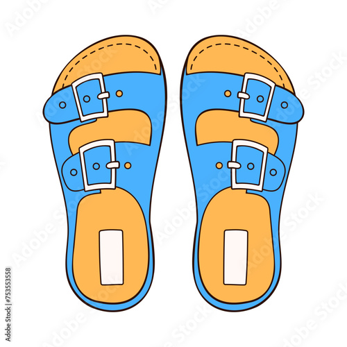 Sandals icon in cartoon. Bare foot flippers for male and female. Blue and yellow color design for shoes store. Vector illustration isolated on a white background.