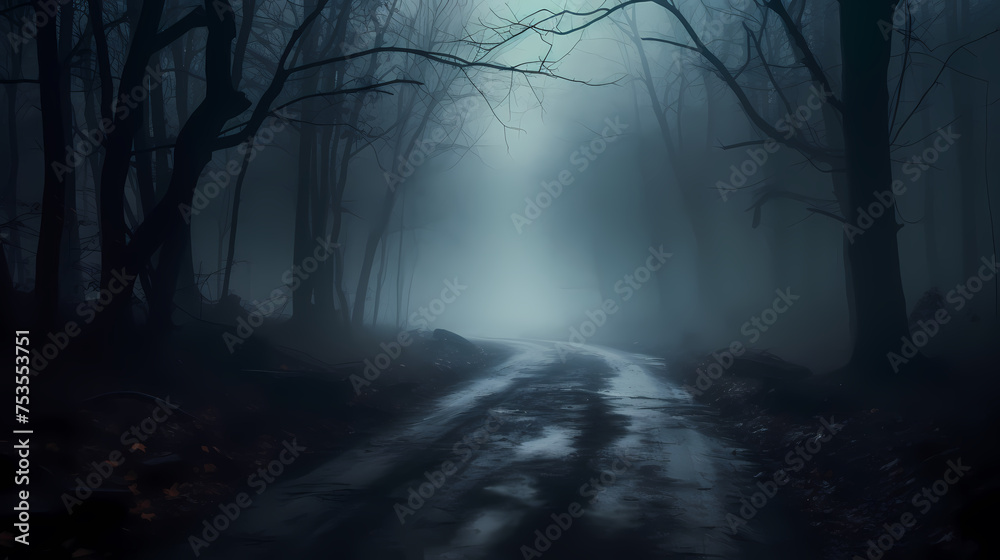 Fototapeta premium Foggy dark forest path scary melancholy background