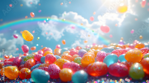 colorful jellybeans raining from the sky