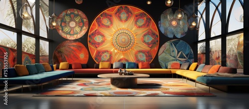 Mandala inspired interior designs feature multicolored straight lines for fashion interior and plate design