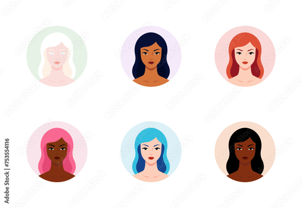 Set of portraits of avatars of young women. Set of cute avatar icons for using as face icons or profile pictures in social network sites. Women of different nationality. Vector cartoon illustration Set of portraits of avatars of young women. Set of cute avatar icons for using as face icons or profile pictures in social network sites. Women of different nationality. Vector cartoon illustration