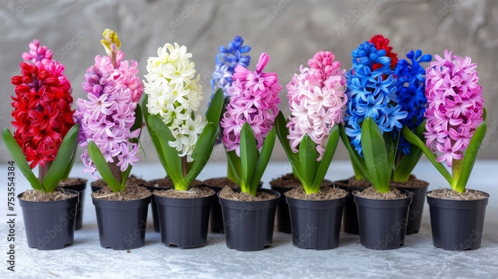 Colorful blooming hyacinths in pots on blurred defocused background with space for text placement