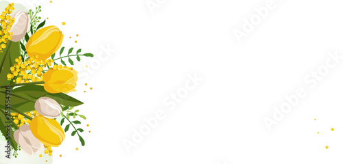 Spring bouquet with yellow tulips and mimosa. Flat vector background with flowers for design
