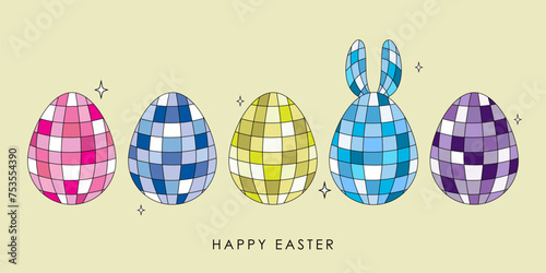 Happy Easter greeting card with cute disco eggs. Holidays cartoon in retro style.