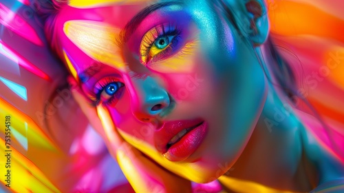 High Fashion model woman in colorful bright lights posing in studio, portrait of beautiful sexy girl with trendy make-up. Art design, colorful make up. Over colourful vivid background. 