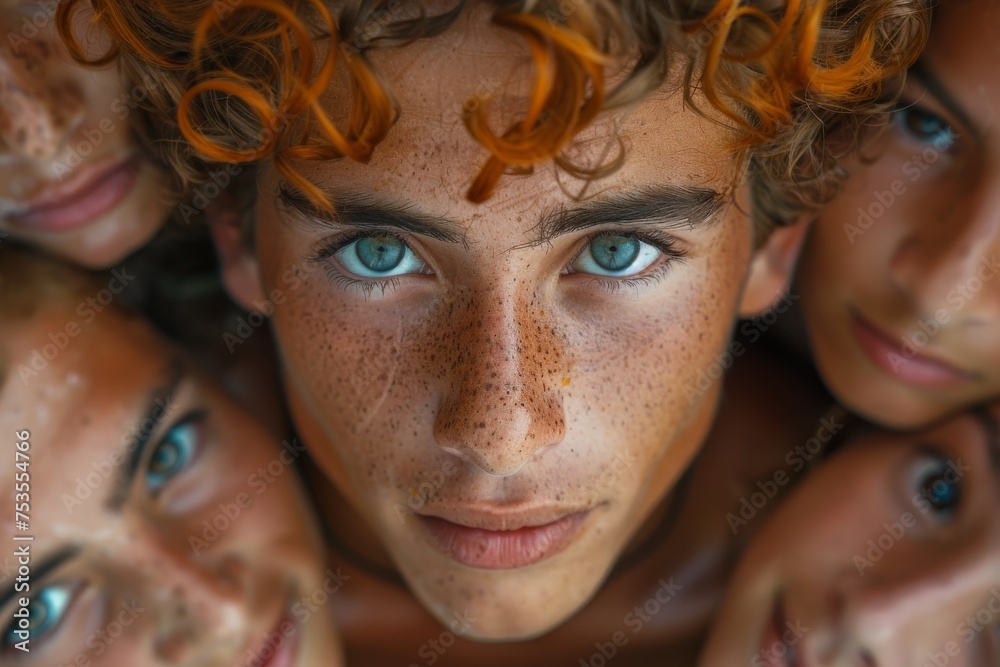 High-angle view of a teenager surrounded by other youths with striking blue eyes