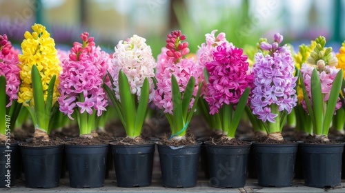 Beautiful hyacinth flowers in pots on blurred background with copy space for text