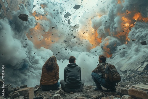 Three friends sit facing a massive explosion amidst a tumult of debris and smoke photo