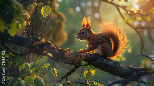 A playful squirrel perched on a tree branch, its bushy tail contrasting against the vibrant hues of a summer forest. © Artist