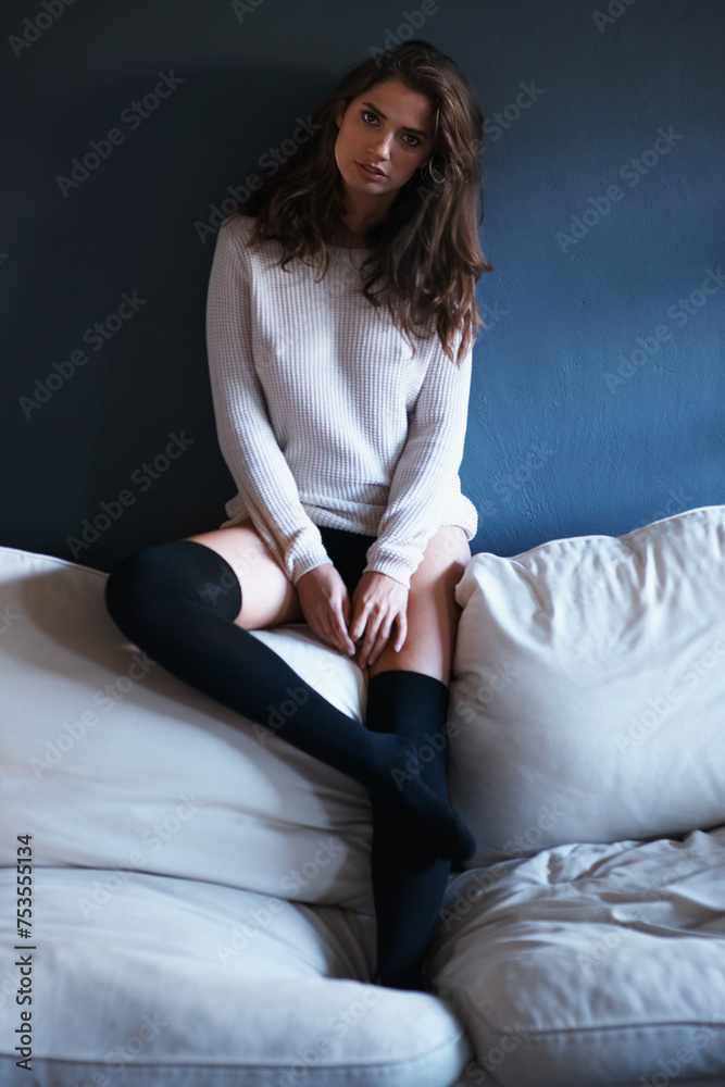 Fashion, woman and portrait for relax on sofa and alone in home for casual and comfort on weekend with clothes. Young person, serious and body for style, confidence and trend for feminine on couch Fashion, woman and portrait for relax on sofa and alone in home for casual and comfort on weekend with clothes. Young person, serious and body for style, confidence and trend for feminine on couch