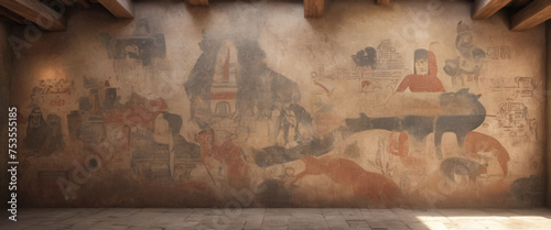 A creatively rendered ancient dusty wall, with faded murals and symbols that tell a story of a long-lost civilization.

 photo