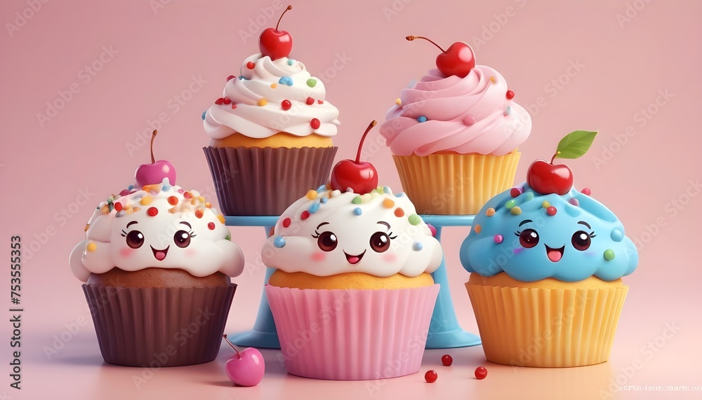 there are five cupcakes with different toppings and a cherry on top cute there are five cupcakes with different toppings and a cherry on top cute