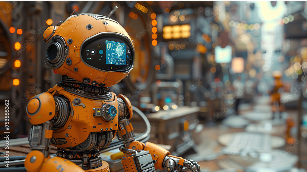 Futuristic robot with digital eyes in a high-tech environment, concept of artificial intelligence and technology with blurred and bokeh background