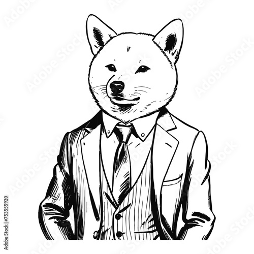 Anthro Humanoid Shiba Inu Dog Wearing Business Suite Old Retro Vintage Engraved Ink Sketch Hand Drawn Line Art