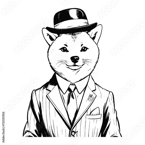 Anthro Humanoid Shiba Inu Dog Wearing Business Suite and Hat Old Retro Vintage Engraved Ink Sketch Hand Drawn Line Art