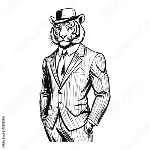 Anthro Humanoid Tiger Wearing Business Suite and Hat Old Retro Vintage Engraved Ink Sketch Hand Drawn Line Art