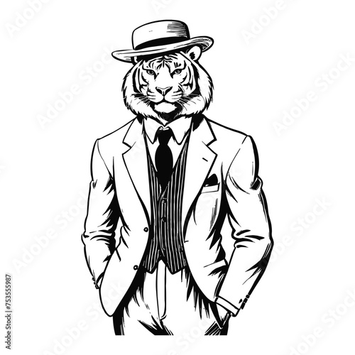 Anthro Humanoid Tiger Wearing Business Suite and Hat Old Retro Vintage Engraved Ink Sketch Hand Drawn Line Art
