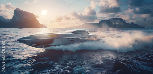 Futuristic Speedboat Gliding at Sunset. Conceptual 3D illustration of a high-tech speedboat cutting through ocean waves, with the glow of sunset on the horizon and misty mountains in the background.