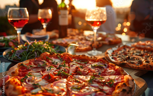 Sunset Rooftop Party with Wine and Gourmet Pizzas. An intimate rooftop gathering featuring gourmet pizzas and wine glasses, basked in the warm glow of a sunset.