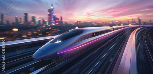 Hypersonic Train Speeding Through City at Dusk. Futuristic train on a high-speed track against a city skyline. photo