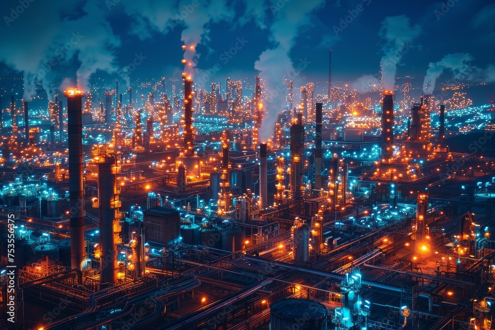 A stunning vibrant image capturing the essence of energy production with an industrial oil refinery lit in radiant blue tones