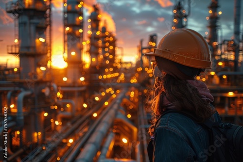 An image capturing a female worker gazing at the sprawling oil refinery with golden sunlight in the background