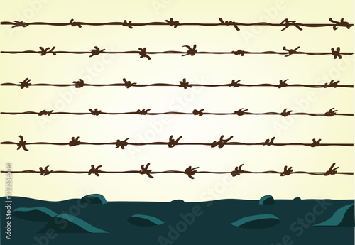 Barbed Wires on a land. Editable Clip Art.