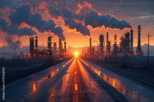 A breathtaking industrial landscape showcasing the striking contrast of a sunset and the silhouettes of oil refinery structures